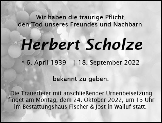 Traueranzeige von Herbert Scholze von vrm-trauer Wiesbadener Kurier