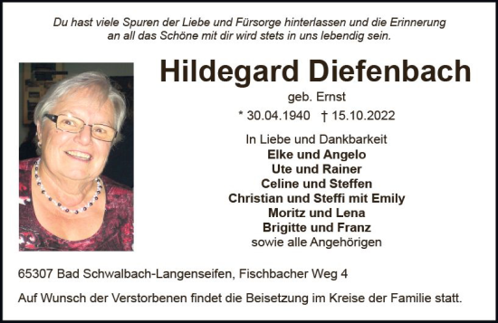 Traueranzeige von Hildegard Diefenbach von vrm-trauer WK-UTA