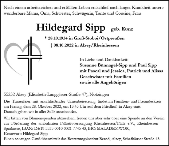 Traueranzeige von Hildegard Sipp von vrm-trauer Allgemeine Zeitung Alzey