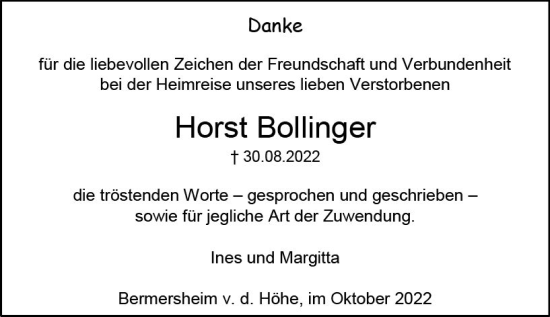 Traueranzeige von Horst Bollinger von vrm-trauer Allgemeine Zeitung Alzey
