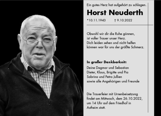 Traueranzeige von Horst Neuderth von vrm-trauer Rüsselsheimer Echo / MainSpitze