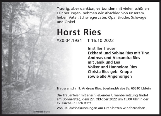 Traueranzeige von Horst Ries von vrm-trauer Idsteiner Zeitung