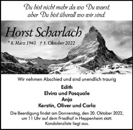 Traueranzeige von Horst Scharlach von vrm-trauer Bürstädter/Lamperth. Ztg/Starkenburger