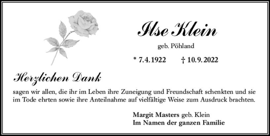 Traueranzeige von Ilse Klein von vrm-trauer Rüsselsheimer Echo / MainSpitze