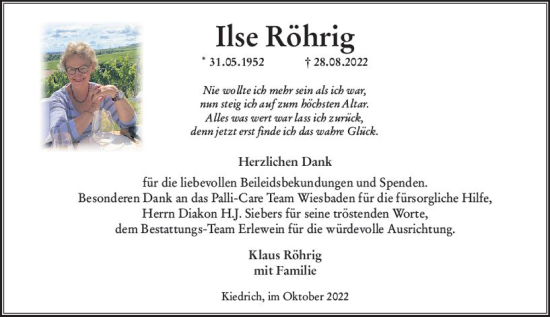 Traueranzeige von Ilse Röhrig von vrm-trauer Wiesbadener Kurier