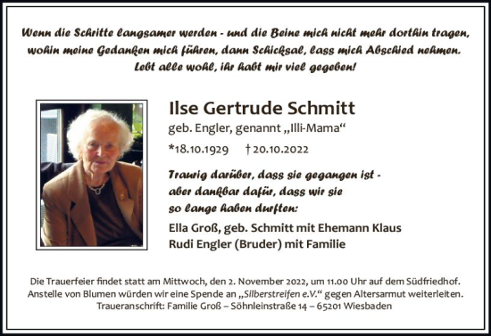 Traueranzeige von Ilse Gertrude Schmitt von vrm-trauer Wiesbadener Kurier