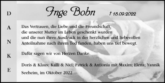 Traueranzeige von Inge Bohm von vrm-trauer Darmstädter Echo