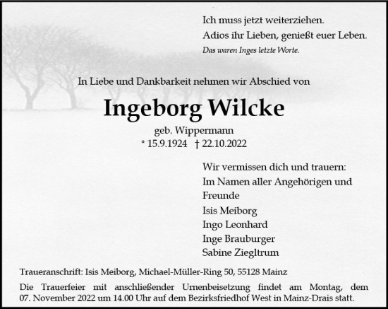Traueranzeige von Ingeborg Wilcke von vrm-trauer AZ Mainz