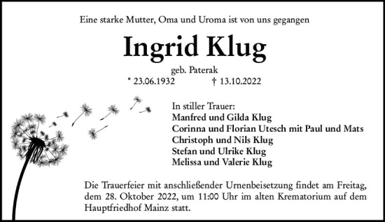 Traueranzeige von Ingrid Klug von vrm-trauer AZ Mainz