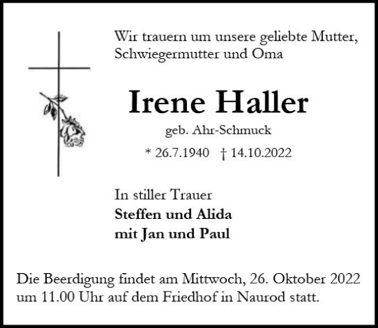 Traueranzeige von Irene Haller von vrm-trauer Wiesbadener Kurier