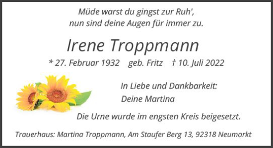 Traueranzeige von Irene Troppmann von vrm-trauer Wiesbadener Kurier