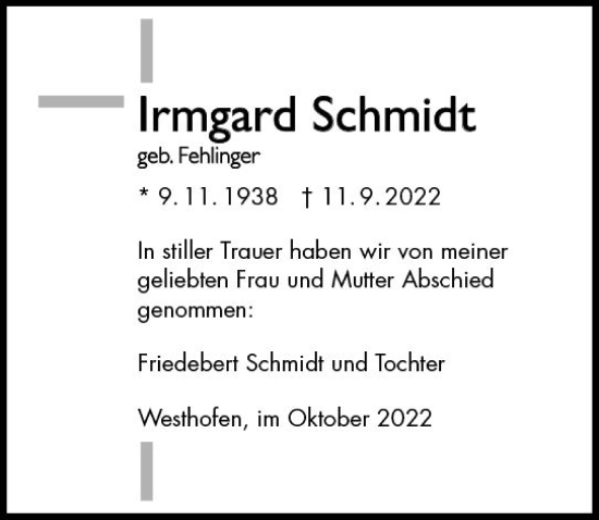 Traueranzeige von Irmgard Schmidt von vrm-trauer Wormser Zeitung