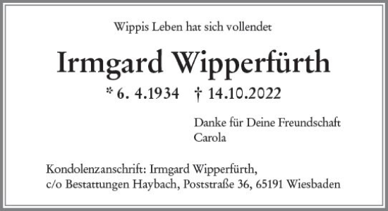 Traueranzeige von Irmgard Wipperfürth von vrm-trauer Wiesbadener Kurier