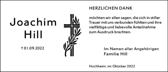 Traueranzeige von Joachim Hill von vrm-trauer Hochheimer Zeitung