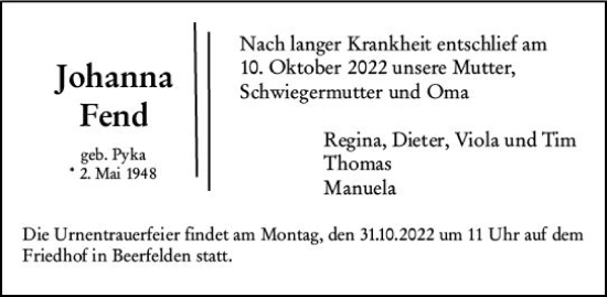Traueranzeige von Johanna Fend von vrm-trauer Odenwälder Echo