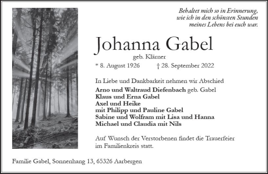 Traueranzeige von Johanna Gabel von vrm-trauer Wiesbadener Kurier