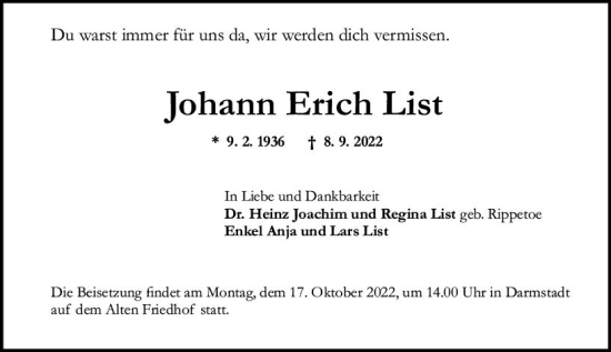Traueranzeige von Johann Erich List von vrm-trauer Darmstädter Echo
