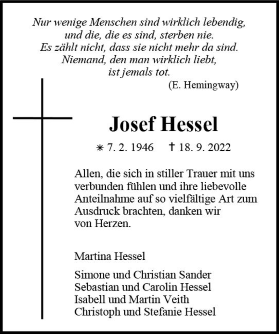 Traueranzeige von Josef Hessel von vrm-trauer AZ Mainz