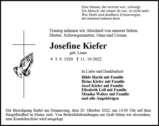 Traueranzeige von Josefine Kiefer von vrm-trauer AZ Mainz