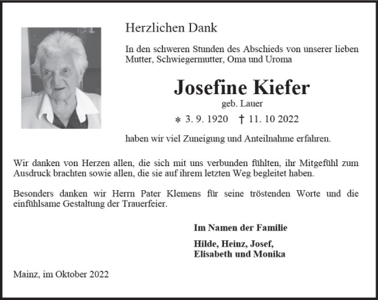 Traueranzeige von Josefine Kiefer von vrm-trauer AZ Mainz