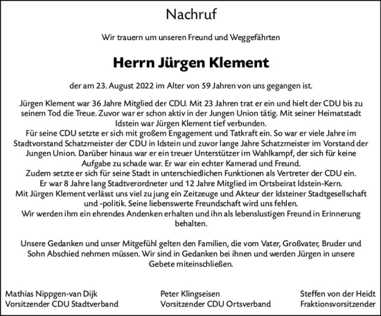 Traueranzeige von Jürgen Klement von vrm-trauer Idsteiner Zeitung