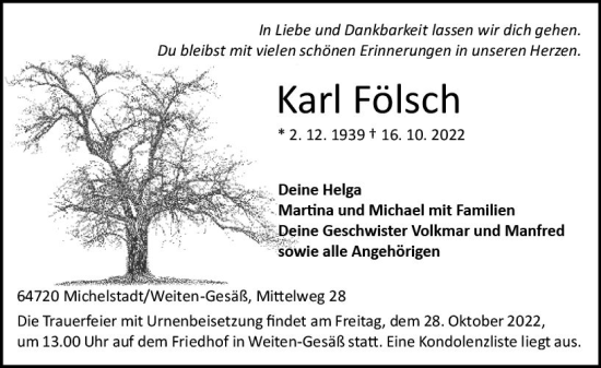 Traueranzeige von Karl Fölsch von vrm-trauer Odenwälder Echo