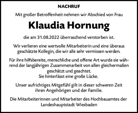 Traueranzeige von Klaudia Hornung von vrm-trauer Wiesbadener Kurier