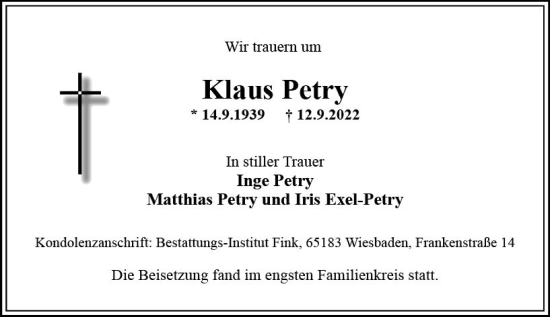 Traueranzeige von Klaus Petry von vrm-trauer Wiesbadener Kurier