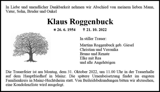 Traueranzeige von Klaus Roggenbuck von vrm-trauer AZ Mainz