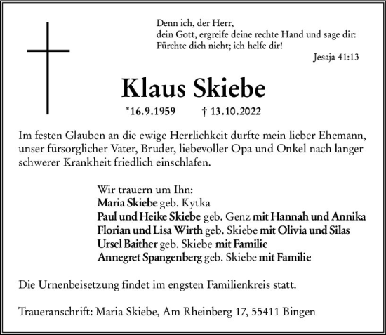 Traueranzeige von Klaus Skiebe von vrm-trauer Wiesbadener Kurier