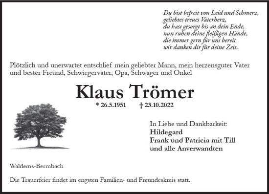 Traueranzeige von Klaus Trömer von vrm-trauer Idsteiner Zeitung