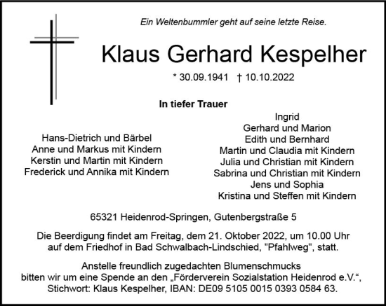Traueranzeige von Klaus Gerhard Kespelher von vrm-trauer Wiesbadener Kurier
