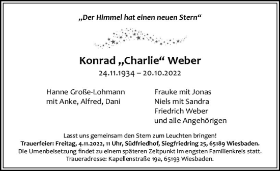 Traueranzeige von Konrad  Weber von vrm-trauer Wiesbadener Kurier