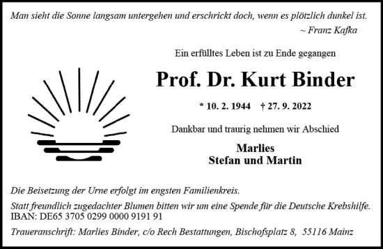 Traueranzeige von Kurt Binder von vrm-trauer AZ Mainz
