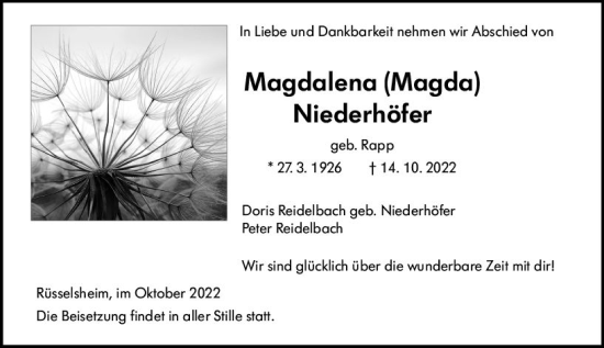 Traueranzeige von Magdalena Niederhöfer von vrm-trauer Rüsselsheimer Echo / MainSpitze