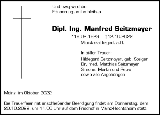 Traueranzeige von Manfred Seitzmayer von vrm-trauer AZ Mainz