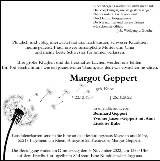 Traueranzeige von Margot Geppert von vrm-trauer Allgemeine  Zeitung Ingelheim-Bingen