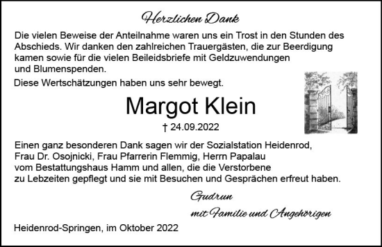 Traueranzeige von Margot Klein von vrm-trauer WK-UTA