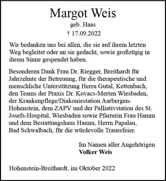 Traueranzeige von Margot Weis von vrm-trauer WK-UTA
