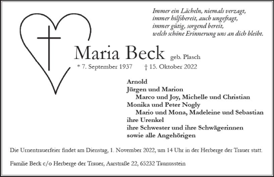 Traueranzeige von Maria Beck von vrm-trauer WK-UTA