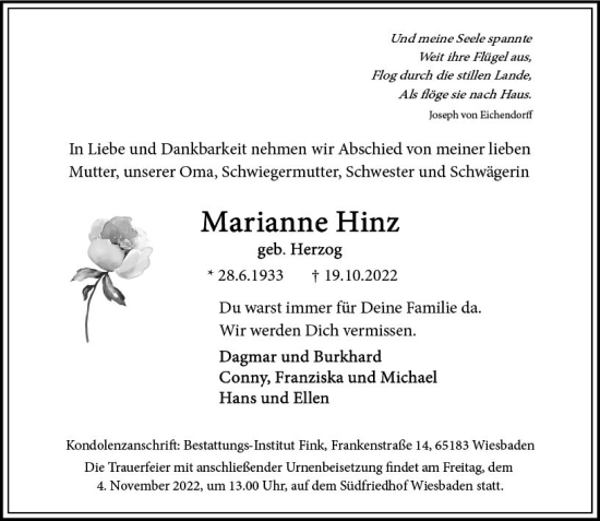 Traueranzeige von Marianne Hinz von vrm-trauer Wiesbadener Kurier