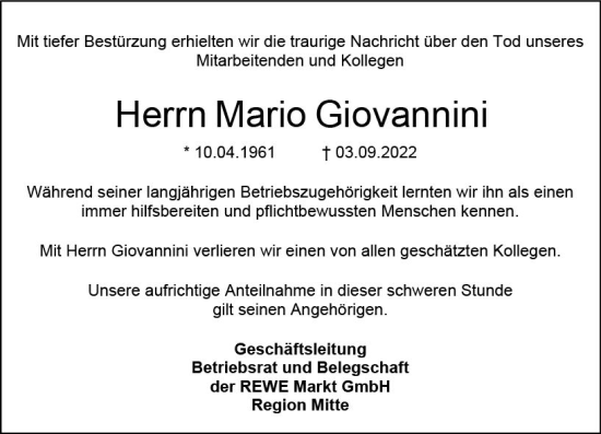 Traueranzeige von Mario Giovannini von vrm-trauer Wiesbadener Kurier