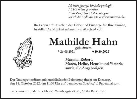 Traueranzeige von Mathilde Hahn von vrm-trauer Rheingau
