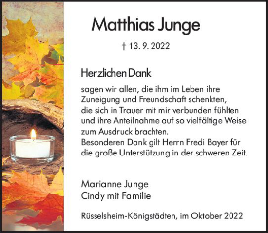 Traueranzeige von Matthias Junge von vrm-trauer Rüsselsheimer Echo / MainSpitze