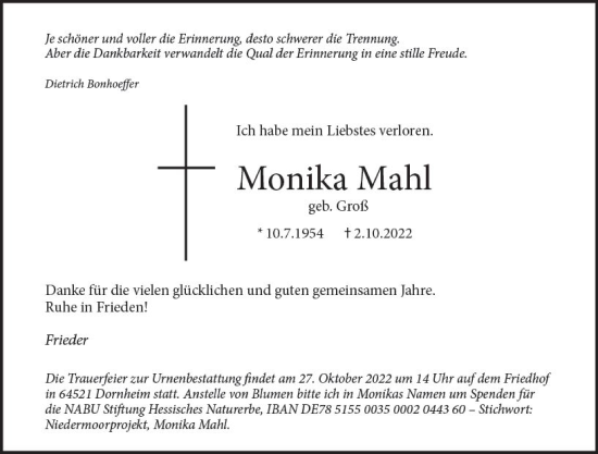 Traueranzeige von Monika Mahl von vrm-trauer Groß-Gerauer Echo