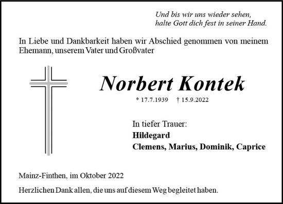 Traueranzeige von Norbert Kontek von vrm-trauer AZ Mainz
