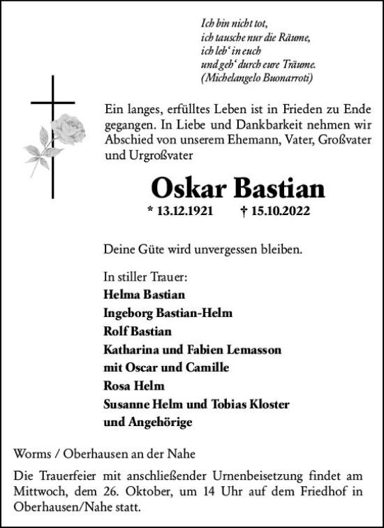 Traueranzeige von Oskar Bastian von vrm-trauer Allg. Zeitung Bad Kreuznach
