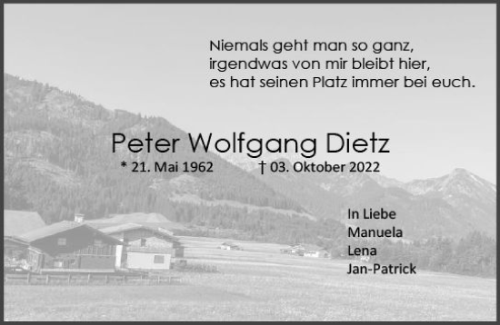 Traueranzeige von Peter Wolfgang Dietz von vrm-trauer Wiesbadener Kurier