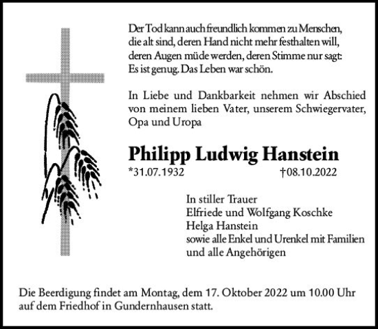 Traueranzeige von Philipp Ludwig Hanstein von vrm-trauer Darmstädter Echo