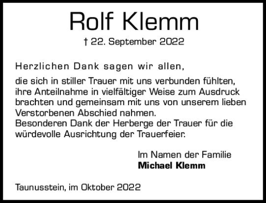 Traueranzeige von Rolf Klemm von vrm-trauer Wiesbadener Kurier
